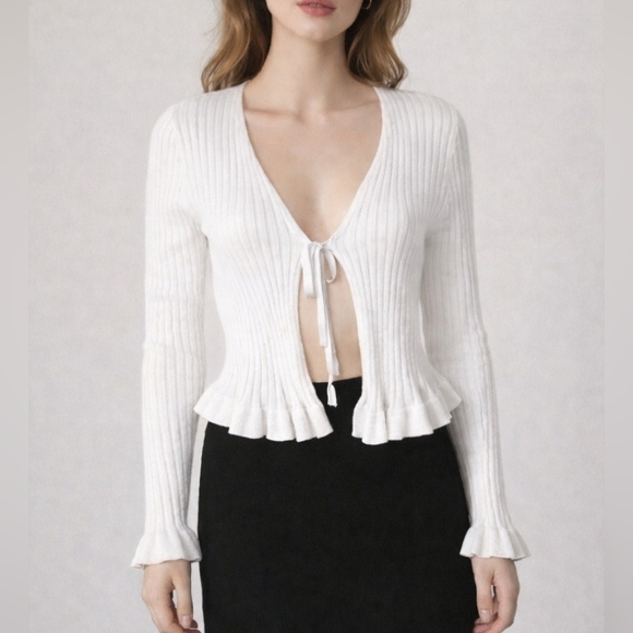 It's Our Time Sweaters - IT'S OUR TIME White Ribbed Ruffle Bow Tie Cardigan Castlecore Sweater Medium